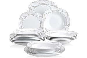 VEWEET 'Serena' 18-Piece Dinner Set Ivory White Irregular Patterns Porcelain Plates Set of 6 x 7.5" Dessert Plate/ 8.5" Soup Plate/ 9.75" Dinner Plate