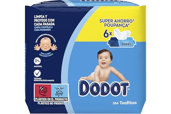 Dodot Toallitas Bebé Seco para Bebé, 384 toallitas, recupera el pH de la piel del bebé (6 Paquetes de 64)