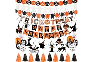 duludulu Halloween Decorations Indoor, Reusable Party Happy Halloween Banner Trick or Treat Sign Set, Spooky Pumpkin Bat Ghost Balloons Hanging Decorations Pack for Outdoor Home School Office