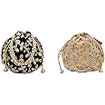 ATHZ Potli Bag Velvet Golden work wedding potli for ladies Gift for women handbags traditional Indian Wristlet with Drawstring Ethnic Embroidery Women Fashion Potli (Black, Beige)