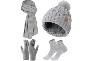 MyrkalaToy 5PCS Winter Beanie Hat Scarf Gloves Set - Grey Warm Long Scarf Beanie Hat Thermal Socks Touch Screen Gloves, Winter Thick Set for Women Skiing Outdoor Sports