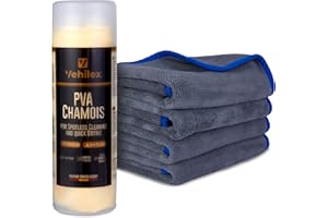 Vehilex Balletas Microfibra y Gamuza Secado Coche 600GSM - Toalla de Secado para Coche sin Pelusas, Suave y Duradera - Pack 1 Gamuza XL 66x43cm + 4 Paños de Microfibra 40x40cm