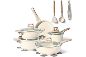 JUST PERFECTO HOUSEHOLD APPLIANCES JUST PERFECTO Bateria de Cocina Induccion y Sartenes Antiadherentes, Ollas 28cm, Sartenes 24cm 28cm, Cacerolas libre de PTFE y PFOA (14 piezas beige)