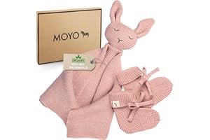 MOYO Baby Geschenk Set in Rosé I 2-teiliges Geschenkset mit gestricktem Schnuffeltuch-Hase & Schühchen I Geschenk zur Geburt für Junge & Mädchen I Babygeschenke für Neugeborene