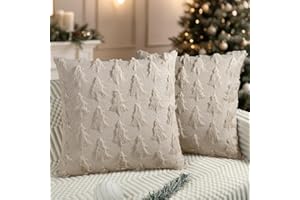 Miaikoe Christmas Cushion Covers 45x45 cm Set of 2 Beige Christmas Tree Pillow Cases Soft Plush Faux Fur for Winter Holiday Home Coach Sofa Decoration