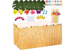 MoonSing Hawaii Party Dekoration Set, Tropische Party Dekoration, Hawaii Luau Tischröcke, Ananas, Flamingo, Palmblätter, Hibiskus, Regenschirm, Obst Stroh Kombination für BBQ Garten Sommer, 91 Stück