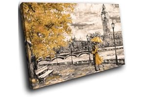 WHATS ON YOUR WALL.COM Framed Canvas Print Colourful Wall Art - Yellow Black White London Retro - Modern Scenic Living Room Bedroom Piece Home Decor Interior Design Easy Hang Guide