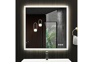 ‎S'BAGNO S'bagno Badspiegel-mit-Beleuchtung 80x80cm, Badezimmer-Spiegel-mit-Beleuchtung und Entfoggen, Bluetooth, 3 Farbtemperaturen, IP44-Led-Spiegel-Bad mit Speicherfunktion, Horizontal/Vertikal