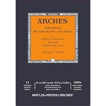 Bloc Aquarelle ARCHES 12 Feuilles 21x29,7cm - 300g/m² Grain Torchon Blanc Naturel 4 Bords Francs