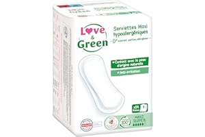 Love & Green Serviettes hygiéniques, écologiques et hypoallergéniques - certifiées Ecolabel et Dermatest - "MAXI SUPER" x 14 : Sans colorant, parfum, allergènes