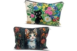 Aikeis Bolsa de maquillaje de gato de 2 piezas, regalo para amantes de los gatos para mujeres, niñas y novias, juego de herramientas de maquillaje, regalo de cumpleaños, bolsa con cremallera, neceser
