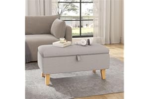 INMOZATA Linen Storage Footstool Upholstered Ottoman Footstool with Storage Pouffe Stool Change Shoe Footrest With Wooden Legs for Living Room Bedroom Light Grey