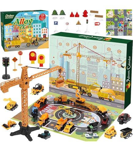 Calendrier De L'Avent Voiture 2024 IZoeL - 24 Véhicules à Tirer, Carte Jeu, Grue, Hélicoptère, Pour Garçon Enfant