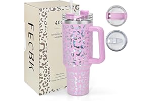 FECBK Thermobecher mit Strohhalm und Henkel 1,2L, 100% Auslaufsicherer Trinkbecher, Edelstahl Vakuumisoliert Kaffeebecher mit Griff, Hält 12 Std Heiß / 34 Std Kalt, Spülmaschinenfest, Blush Leopard