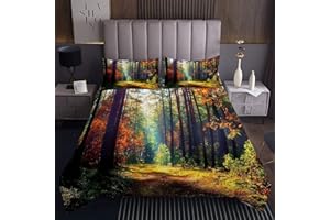 Homemissing Set copriletto trapuntato con alberi della foresta, set di copriletto colorato con paesaggi naturali, trapuntato, scena boschiva, 3 pezzi, king size