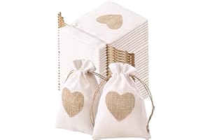 LAOYE 30PCS Sachets en Toile de Jute 10x14cm Pochettes Jute en Motif de Coeur Lot de Petit Sac avec Cordon Continir Bonbons Bijoux Boite Cadeau Dragees pour Baptême Mariage Noël - Beige
