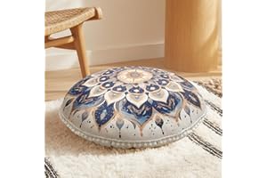 DAWNYIELD Coussin de Méditation Ronds, Coussin de Sol Ergonomique avec Housse Amovible et Lavable, 80 cm Grand Coussin de Yoga avec Accents Pompons, Usage Intérieur/Extérieur, Bleu Marine