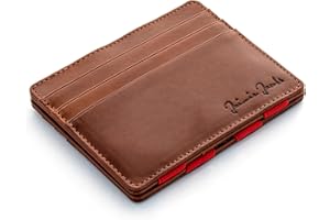 JAIMIE JACOBS Portafoglio Magico, Magic Wallet Flap Boy Slim - l'Originale - Protezione RFID, Portafoglio Uomo Piccolo, Porta Carte di Credito Ragazzo, Porta Tessere Slim, Vera Pelle (Marrone e Rosso)