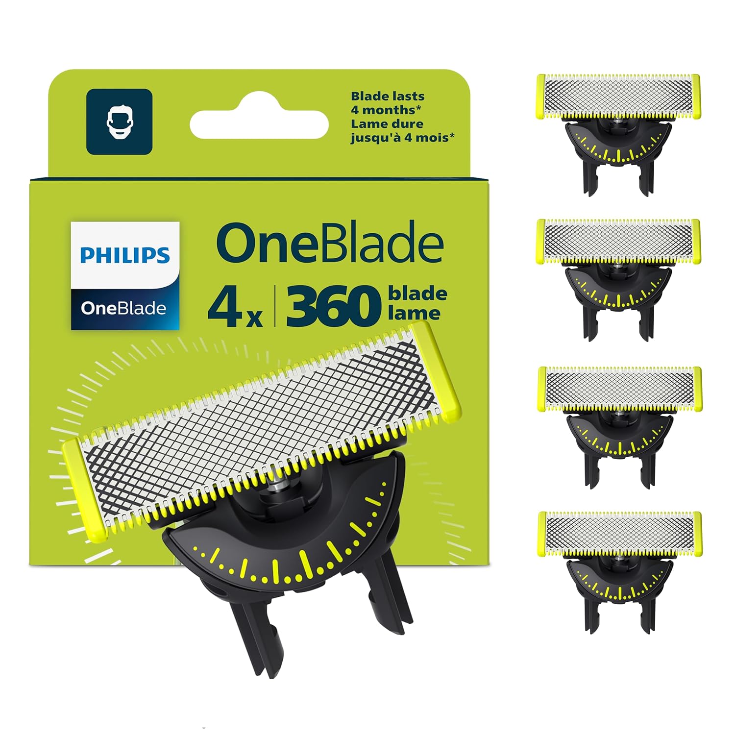 Philips Genuine OneBlade 360 Lame di ricambio, per rasoio e tagliacapelli elettrici OneBlade, confezione 4, modello QP440/50