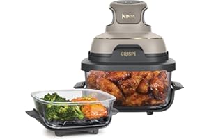 ‎NINJA Ninja CRISPi tragbare Air fryer Heißluftfritteuse, 3,8 l, 4-in-1: Heißluftfrittieren, Braten, Warmhalten, Recrisp, 6 Portionen, 2x herausnehmbare Glasbehälter & Deckel, 1700 W, Stone Gold FN101EUSTGD