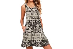 AUSELILY Sommerkleid Damen Rundhals Knielang Freizeitkleider Strand Trägerkleid mit Taschen