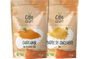 CIBO CRUDO CRUDO BIOLOGICO VEGAN Curcuma et Gingembre Bio en Poudre - 2 paquets de 150g. Curcuma pour le Lait Doré Plats Exotiques et Soupes Épicées. Poudre de Gingembre pour Thé Tisane ou les Épice à Utiliser Dans la Cuisine.