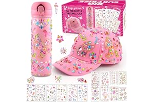 YOUERLS Geschenke für Mädchen DIY Trinkflasche und Baseballkappe, Schulanfang Notizbuch Geburtstag Geschenk Mädchen 4 5 6 7 8 9 10 11 12 Jahre, Bastelset Kinder Selbst Gestalten Kappe mit Glitzer Aufkleber