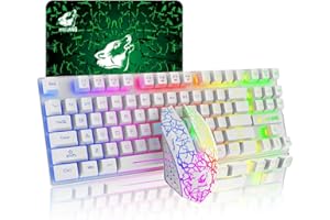 LEXONTECH 87 Tasten Drahtlose Tastatur Maus Combo Regenbogen von hinten beleuchtet 2.4G wiederaufladbare mechanische Feel Gaming-Tastatur+2400DPI 6 Tasten Optische Regenbogen-LED-Gaming-Maus+Mauspads (Weiß)