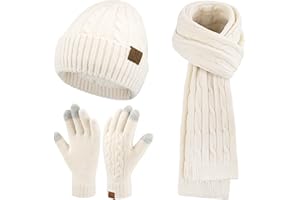 ZASFOU Damska czapka zimowa czapka szalik rękawiczki zestaw, biały, jeden rozmiar