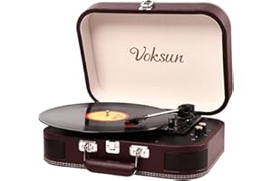 Record Player, VOKSUN Portable Bluetooth Vinyl Turntable with Built-in Stereo Speakers, 3-Speed Belt-Drive Suitcase Vinyl LP Player, Supports Vinyl to MP3 Recording, AUX/USB/RCA/Headphone Jack