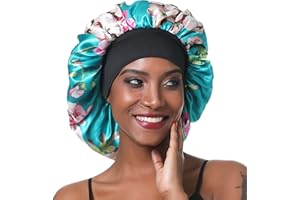 SENGTERM Bonnet de Nuit en Satin élastique à Large bande pour Femme,Cheveux Longs, Cheveux Bouclés (L, green flower)