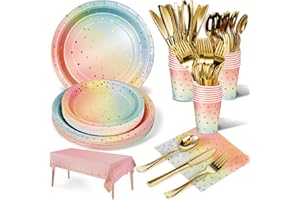 Nkaiso 141pcs Pastel Arc en Ciel Party Vaisselle,Kit Vaisselles Anniversaire Assiette Dîner Papier Tasse Serviette Réutilisable couverts, Enfants Party Fête Mariages Noël, 20 invités