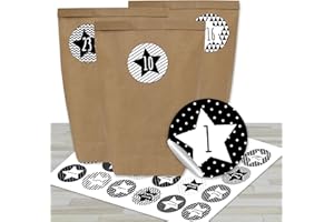 DIY Advent Calendar for Filling - with 24 Brown Paper Bags and 24 Black and White Stickers - for DIY and Crafts - Mini Set No. 30 - Christmas for Children