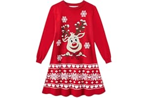 SFreeBo Girls Christmas Jumper Dress 4-11 Years Kids Winter Long Sleeves Knit Dresses XmasTree Reindeer Snowflake Dress