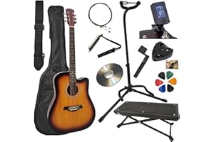 AMROVA Guitare Acoustique Folk 4/4 Adulte 41 Pouces + Support Guitare + Repose Pied + 9 Accessoires Cour Vidéo et CD (Sunburst)