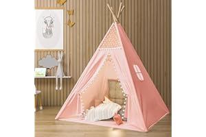 Gamenote Teepee Tent for Kids Indoor Tents with Mat, Inner Pocket, Unique Reinforcement Part - Foldable Play Tent Canvas Tipi Childrens Tents for Girls & Boys (Pink)