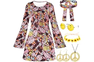 KITIMI Hippie Kostüm Damen 60er 70er Jahre Bekleidung Damen, 60er 70er Disco Kostüm Damen, Faschingskostüme Flower Power Kleidung Damen, 7-teiliges Hippie Kostüm Set mit Hippie Kleid Hippie Accessoires