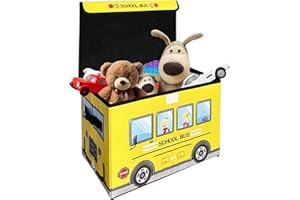 MISHMASH Foldable Kids Toy Storage Box With Lid – Collapsible Fabric Storage Box – School Bus Design – For Children/Toddler/Baby – Multipurpose Storage Chest For Toys, Books, Games (Yellow)