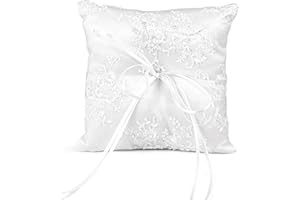 mimzemamz Cuscino Fedi Nuziali, Matrimonio Decorazione Cuscino per Fedi Nuziali Bianco Cuscino Portafedi 15x15cm Porta Fedi con Nastro per Matrimoni Romantici