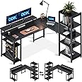ODK Computer Desk with Shelves, Reversible L Shaped Desk with Monitor Stand, Reversible Home Office Desk, Black, 155 × 140 cm