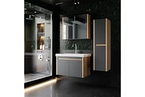 KAREN BANYO Badmöbel Set in 80 cm Breite Dallas | 4er Badezimmermöbelset Farbe: Eiche & Anthrazit | Waschtischunterschrank, Spiegelschrank, Hochschrank und Waschbecken | Waschtisch mit Unterschrank in 80 hängend