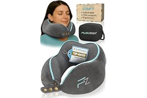 FLOWZOOM Comfy Memory Foam Travel Pillow for Airplane & Car – Adjustable Neck Cushion with 360° Support, Soft, Washable Plush Cover and Compact Mesh Bag - Grey