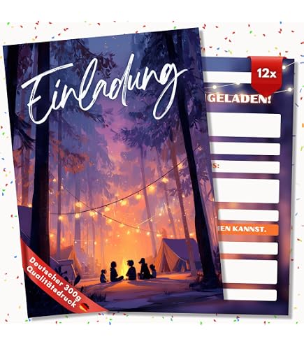 einladung kindergeburtstag zelten Generisch 12x EINLADUNGSKARTEN – Einladungskarten Outdoor Kindergeburtstag, Einladungskarten Schnitzeljagt, Schatzsuche, Zelten, Gartenparty, Übernachtung, Waldgeburtstag Spielzeug SWISS OUTDOOR S.O. Dachzelt HIDE_IN_FABRIKATOR Color:Color: White (Limited Edition)