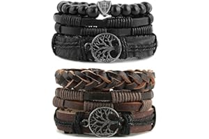 HZMAN Echtes Leder Baum des Lebens Armbänder Männer Frauen, Tigerauge Naturstein Lava Rock Perlen Ethnische Tribal elastische Armbänder Armbänder (2Pcs)