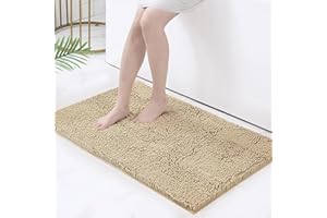 ‎HOMAXY Homaxy rutschfeste Badematte Chenille Badezimmerteppich Mikrofaser Badteppich Saugfähige Hochflor Badvorleger - 60 x 90 cm, Beige