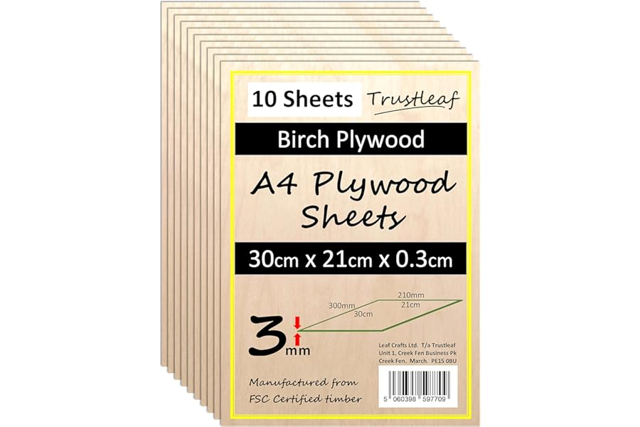 Trustleaf 3mm Birch Plywood A4-300x210x 3mm - (Pack of 10) Laserable Low Fume E1 Glue Ply