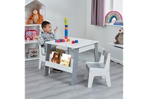 Liberty House Toys Kids Table and Chair Set with Storage, White and Grey Bookshelf, 2-in-1 Play Set, Wooden, TF6266,H510 x W600 x D600mm