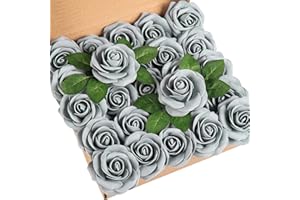 DuHouse 25 rose artificiali con gambi di fiori in schiuma al tatto, per bouquet di nozze, baby shower, centrotavola per decorazioni floreali per feste (grigio