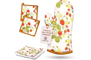 Muldale Oven Glove and Tea Towel Set 5 Pack - Somerset Strawberry Tea Towels and Pot Holders - Cute Strawberry Kitchen Decor - Soft and Absorbent - Kitchen Mittens