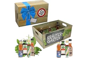 CREOLOGIC Kräutergarten mit Geburtstagszahl 50. Geburtstag · Witzige Geschenkidee für Männer und Frauen mit Alkohol · 8 x Kräuter-Likör · Hochwertige Geschenkbox · Geburtstagsgeschenk für Männer